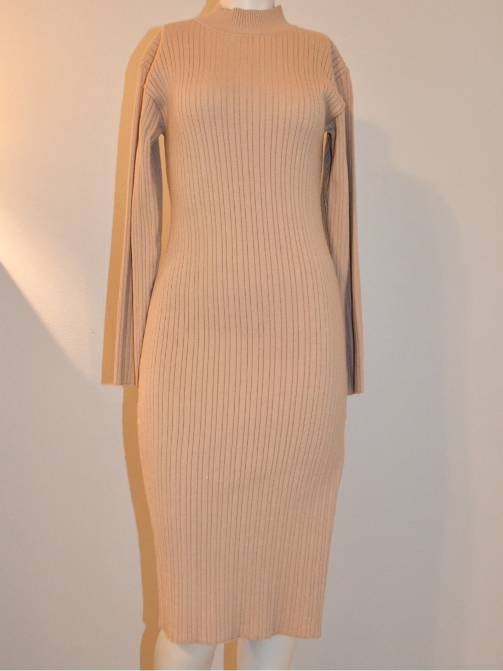 Lumiere Ribbed Mock Neck Midi sweater Dress camel tan small